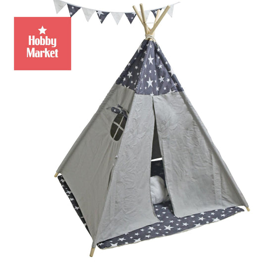 Carpa tipi infantil gris con estampado de estrellas, estructura de madera y base acolchada para juegos.