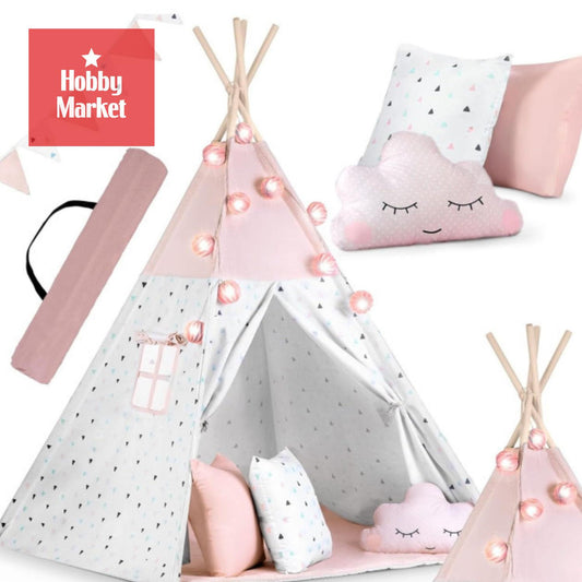 Carpa tipi infantil rosada con estrellas, estructura de madera, base acolchada, luces decorativas y cojines de nube.
