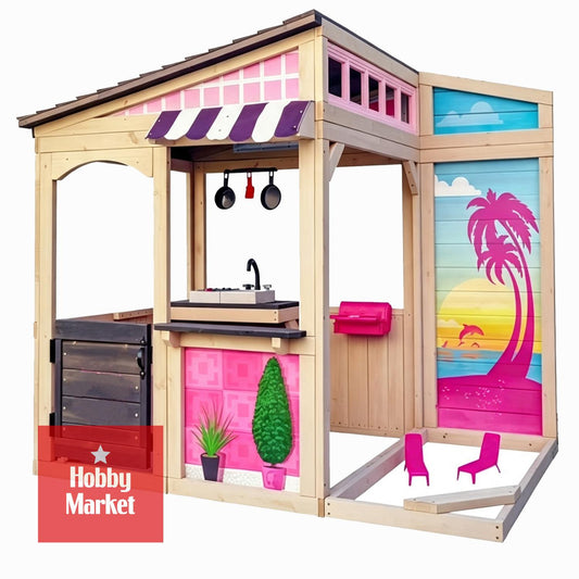 Casita de madera Cami con cocina, mostrador, zona de juego exterior y diseño colorido de playa con palmeras.