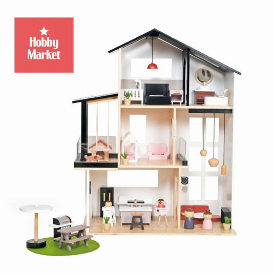 Casa de muñecas Pame de madera con muebles modernos, accesorios detallados, personajes y patio exterior con parrilla.