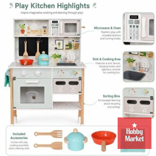 Cocina infantil de madera Emilia con horno, microondas, fregadero, accesorios de juego y compartimentos para reciclaje.
