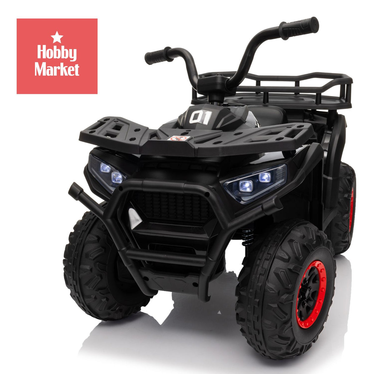 Cuatrimoto eléctrica infantil negra de 12V con luces LED, defensa frontal, parrilla trasera y ruedas con detalles rojos.
