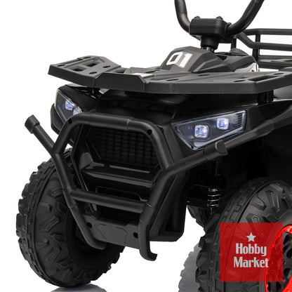 Cuatrimoto eléctrica infantil negra de 12V con defensa frontal, luces LED, manillar y ruedas todoterreno robustas.