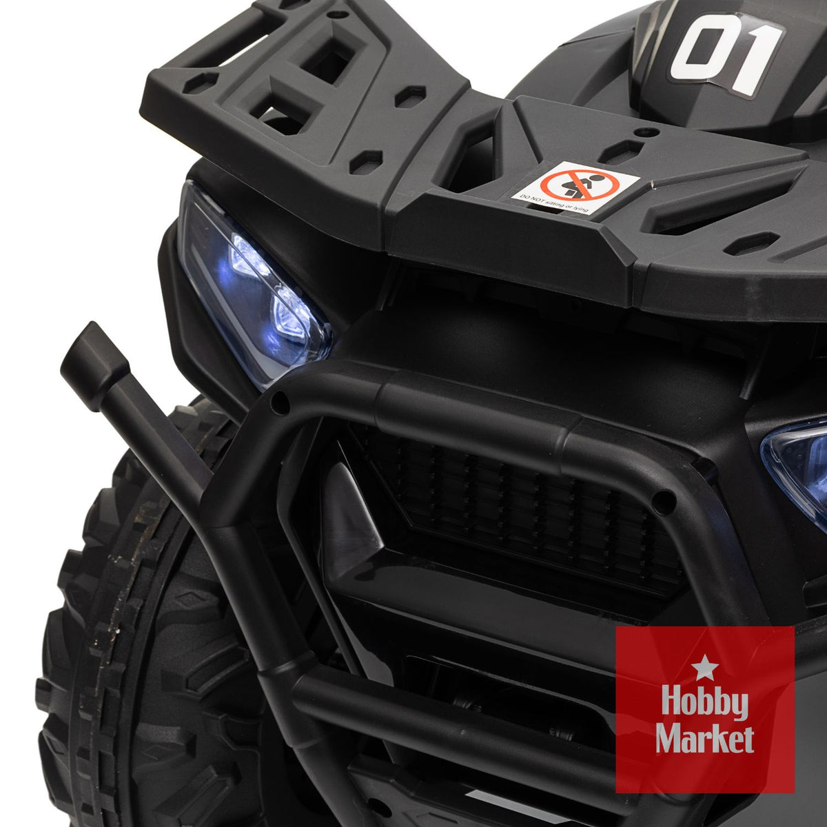 Cuatrimoto eléctrica infantil negra con defensa frontal, luces LED azules y parrilla de carga trasera resistente.