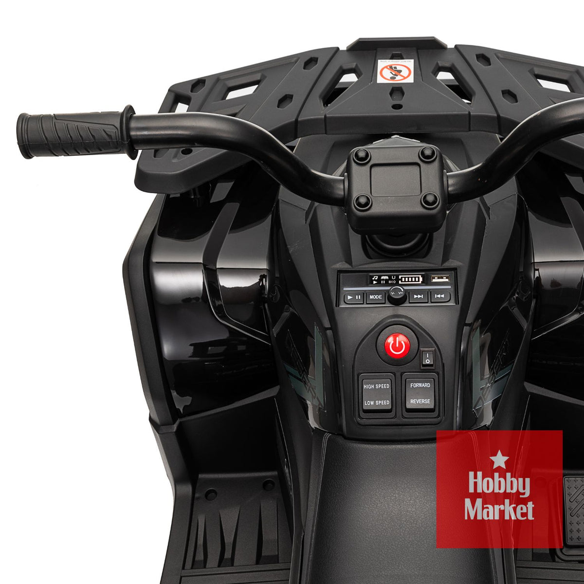 Manillar y panel de control de cuatrimoto eléctrica infantil negra con botones de velocidad, luces y reproductor multimedia.
