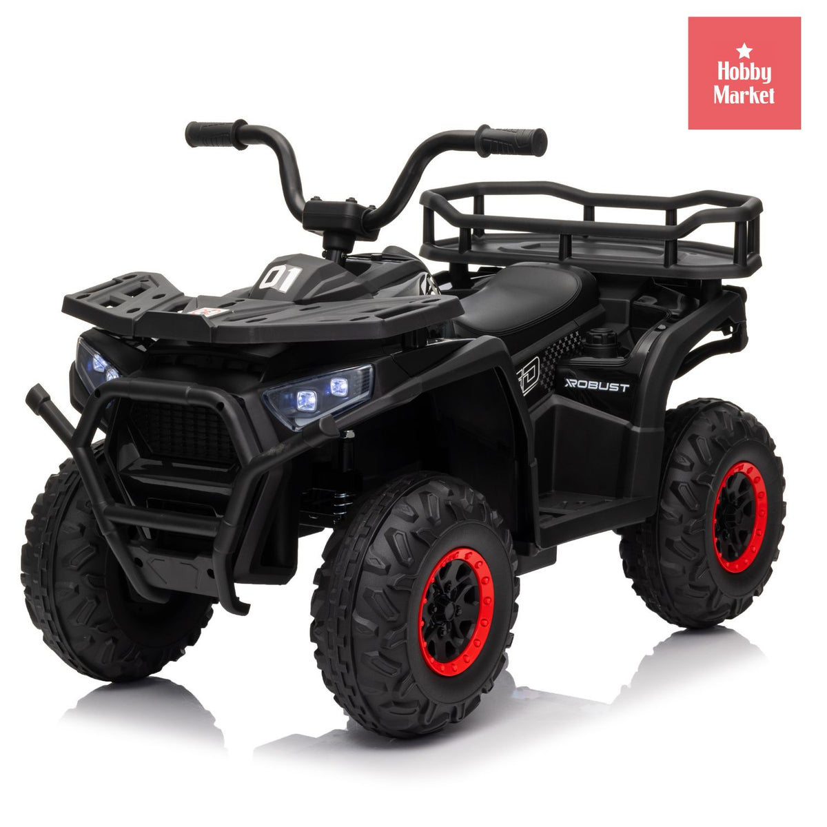 Cuatrimoto eléctrica infantil negra de 12V con detalles rojos, luces LED, manillar y parrilla de carga trasera.