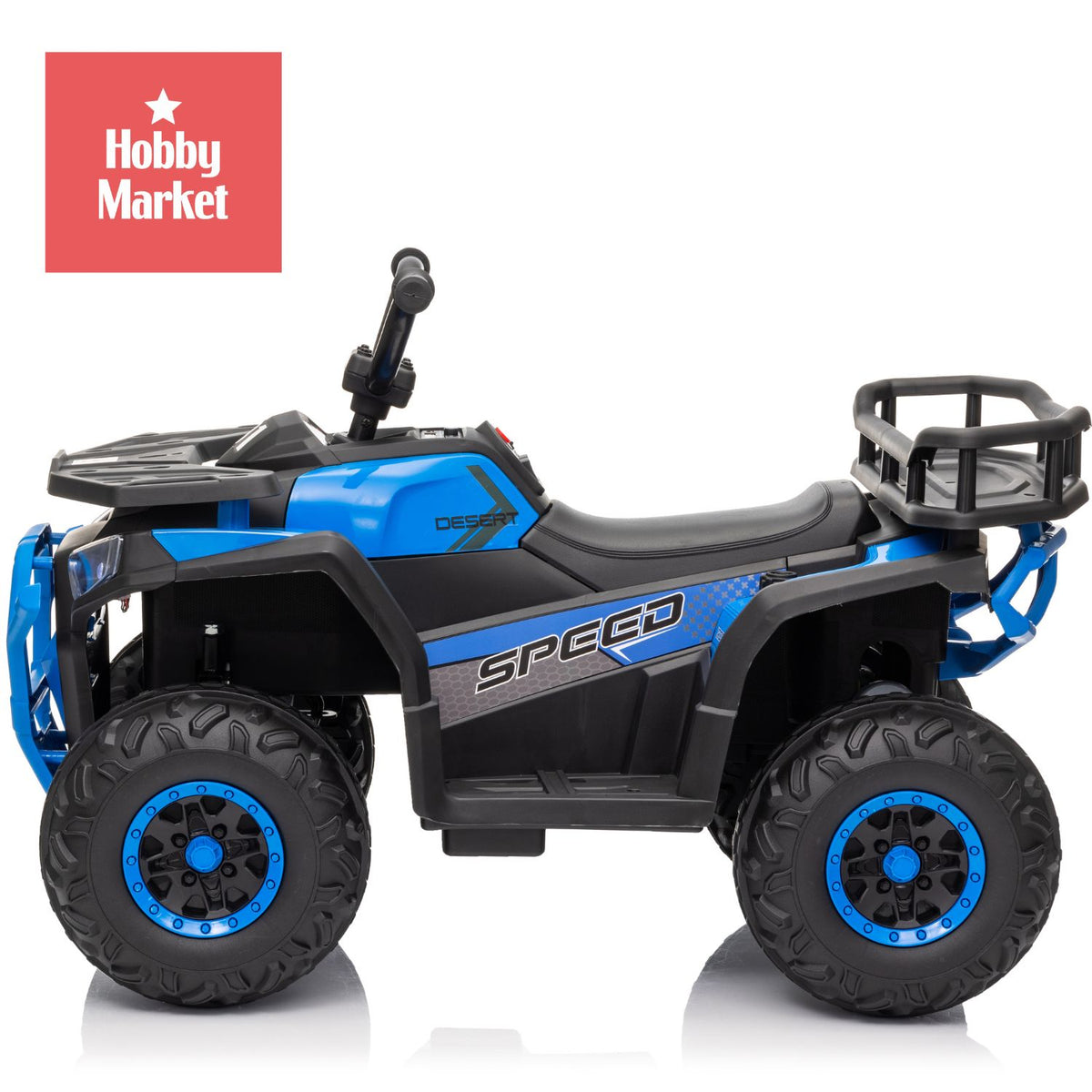 Cuatrimoto eléctrica infantil azul de 12V con diseño deportivo, ruedas todoterreno y parrilla trasera de carga.