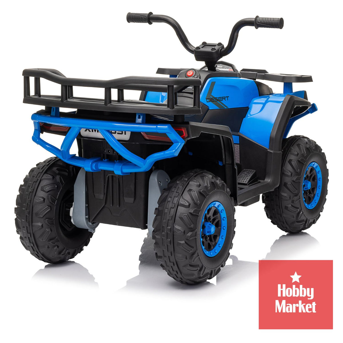 Cuatrimoto eléctrica infantil azul de 12V con diseño robusto, cuatro ruedas todoterreno y parrilla trasera de carga.