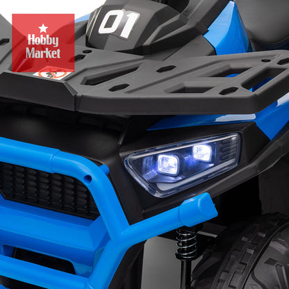 Cuatrimoto eléctrica infantil azul con luces LED delanteras, chasis robusto y diseño deportivo para niños.