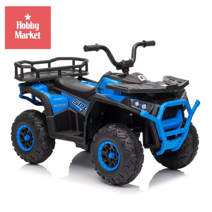 Cuatrimoto eléctrica infantil azul de 12V con diseño robusto, ruedas todoterreno y parrilla trasera de carga.