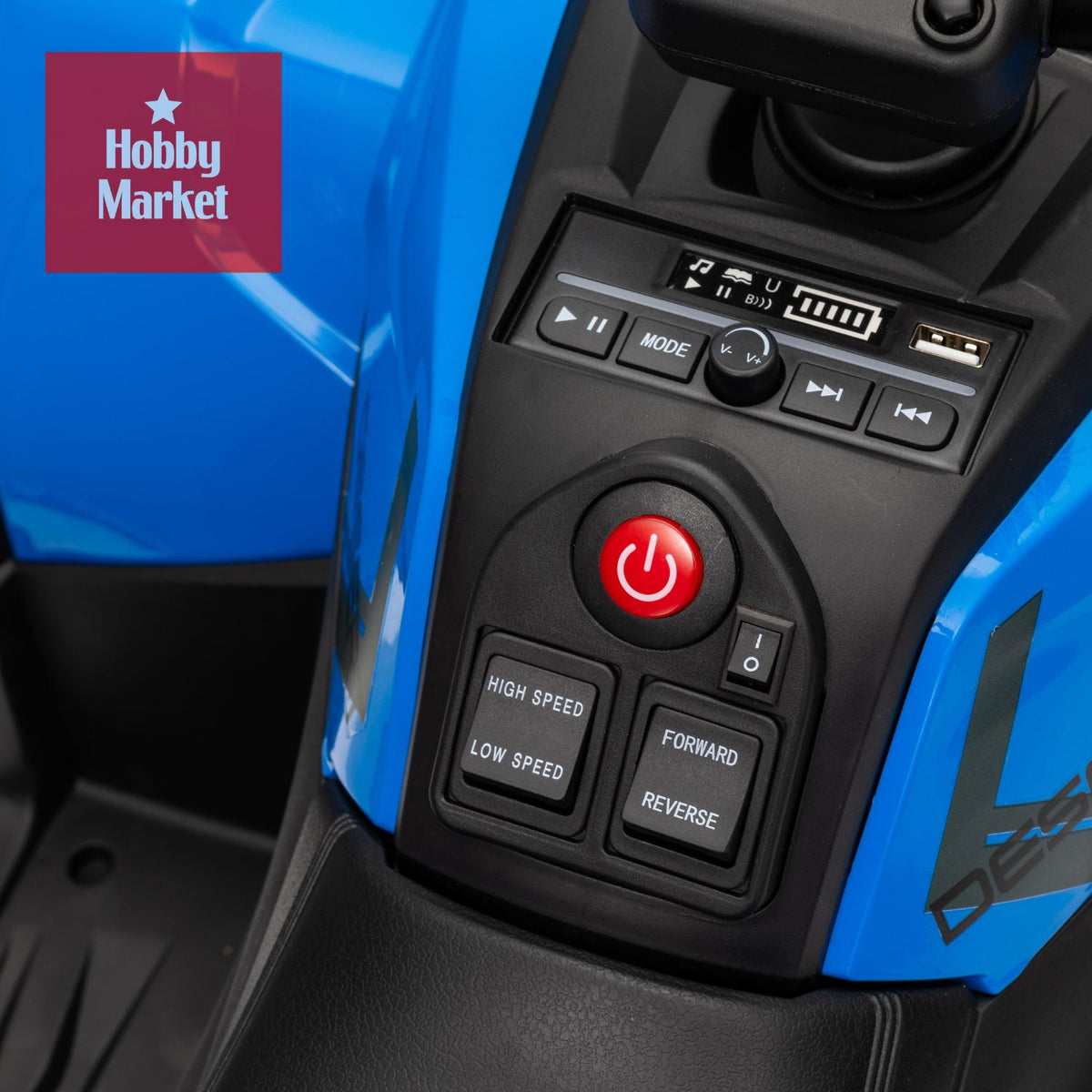 Panel de control azul de cuatrimoto eléctrica infantil con botones de velocidad, marcha, encendido y puerto USB.