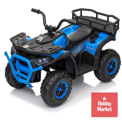Cuatrimoto eléctrica infantil azul de 12V con diseño robusto, ruedas todoterreno y parrilla trasera de carga.