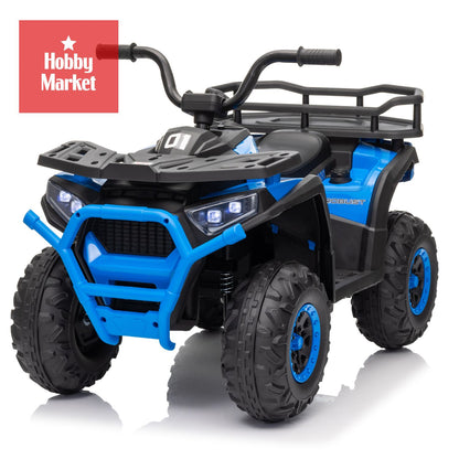 Cuatrimoto eléctrica infantil azul de 12V con diseño robusto, cuatro ruedas todoterreno, luces LED y parrilla trasera.
