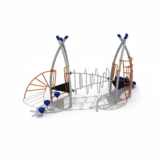 Juego modular con dos torres arqueadas, puente colgante, red de escalada y tobogán azul en colores gris y naranja.
