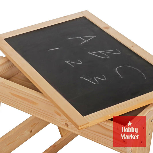 Mesa de picnic infantil de madera natural con cubierta reversible tipo pizarrón negro para escribir con tiza.