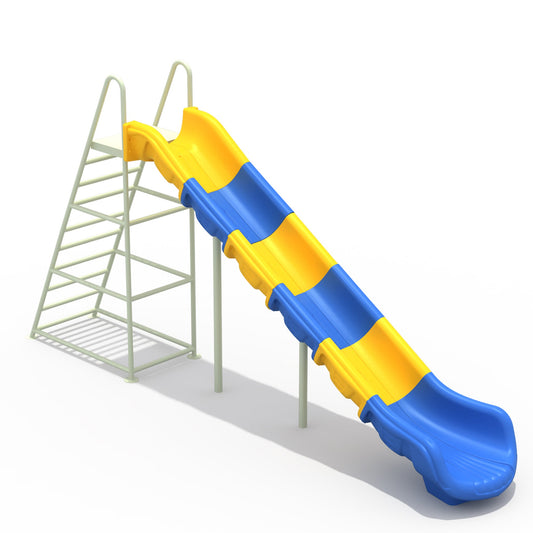 Resbalín de plaza de 180 cm con rampa ondulada azul y amarilla, escalera metálica con pasamanos y estructura resistente.
