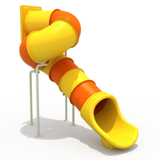 Tobogán espiral cerrado de 270 cm con diseño tubular en colores amarillo y naranja, montado sobre soportes metálicos.