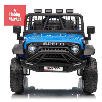 Jeep eléctrico infantil azul de 12V con luces LED, defensa frontal robusta, rejilla protectora y neumáticos todoterreno.