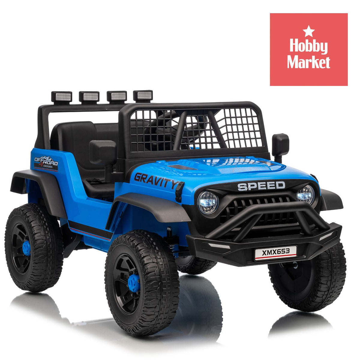 Jeep eléctrico infantil azul de 12V con luces LED, diseño todoterreno, ruedas robustas y estructura de seguridad.
