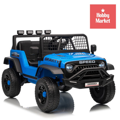 Jeep eléctrico infantil azul de 12V con luces LED, diseño todoterreno, ruedas robustas y estructura de seguridad.