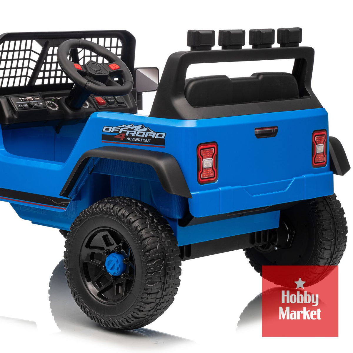 Jeep eléctrico infantil azul de 12V con diseño todoterreno, ruedas robustas, luces traseras y detalles realistas.