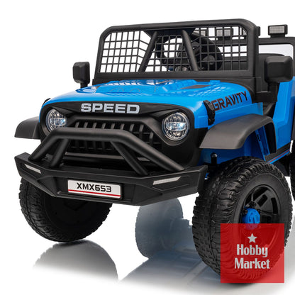 Jeep eléctrico infantil azul de 12V con diseño robusto, luces LED, rejilla frontal y neumáticos todoterreno.