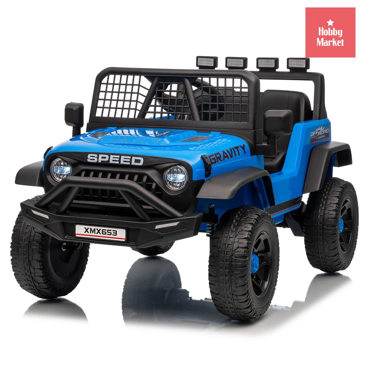 Jeep eléctrico infantil azul de 12V con luces LED, diseño todoterreno, rejilla protectora y ruedas robustas para niños.