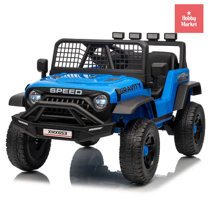Jeep eléctrico infantil azul de 12V con luces LED, diseño todoterreno, rejilla protectora y ruedas robustas para niños.