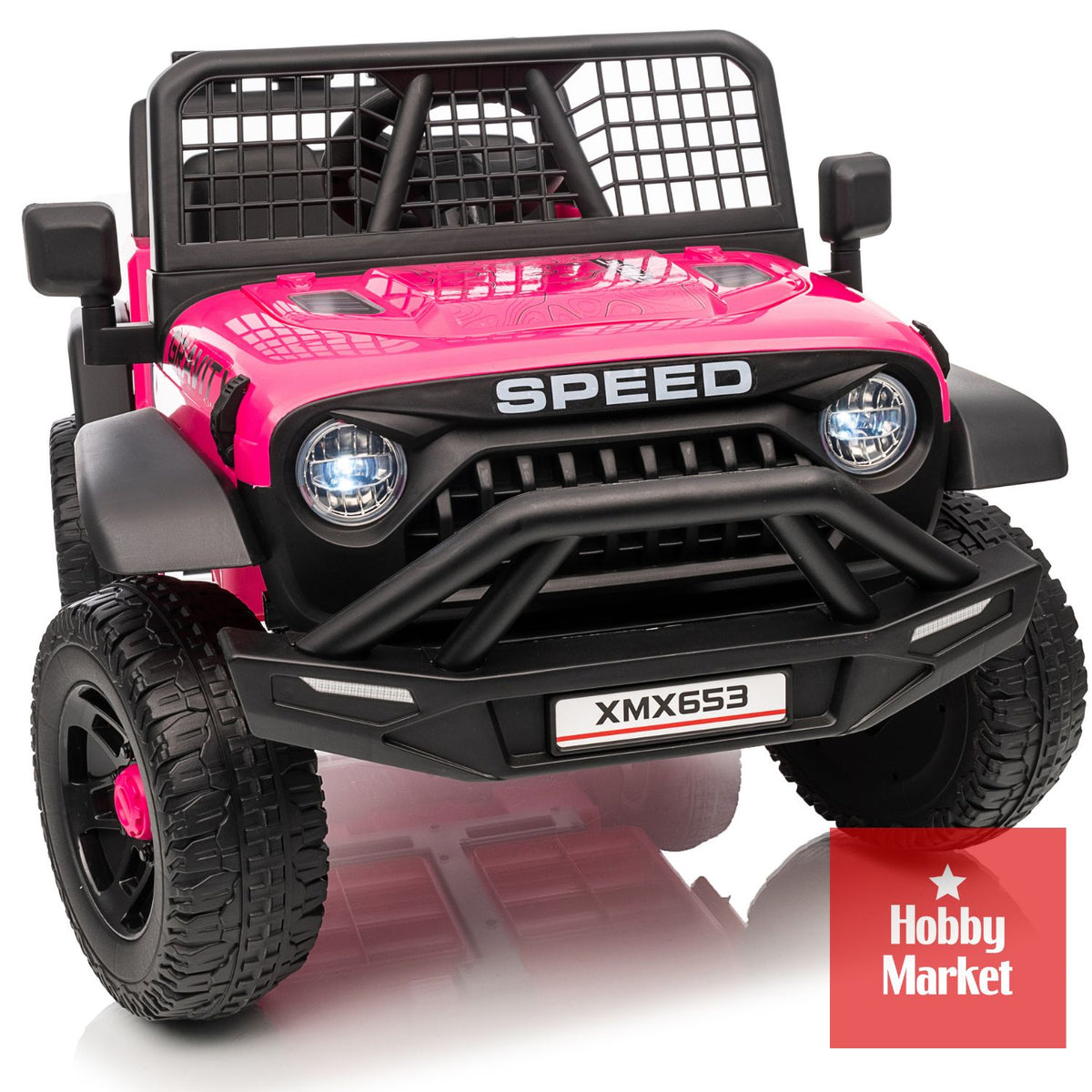 Jeep eléctrico infantil rosado de 12V con luces LED, diseño robusto tipo todoterreno y rejilla protectora frontal.