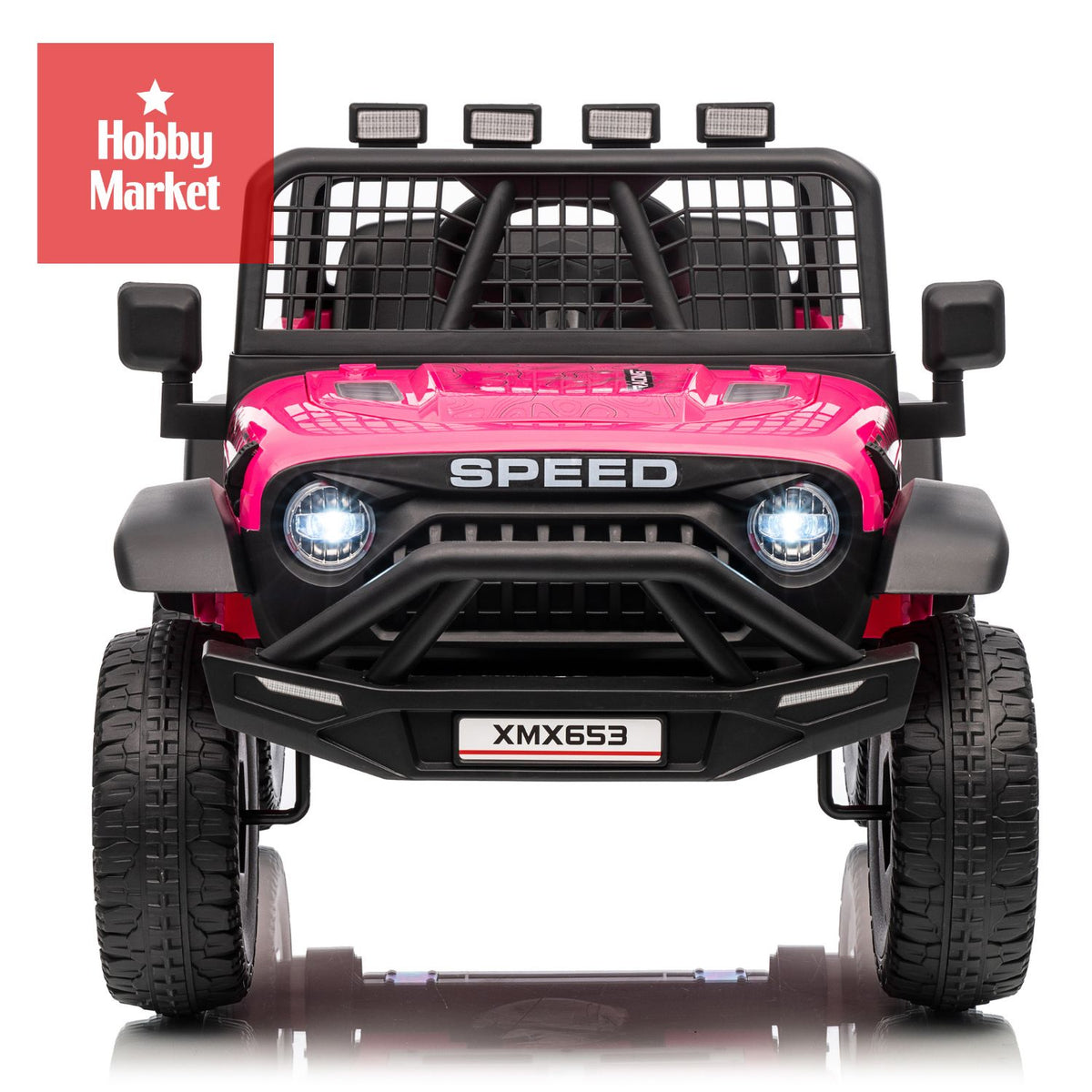Jeep eléctrico infantil rosado de 12V con luces LED, diseño robusto tipo todoterreno y rejilla protectora frontal.