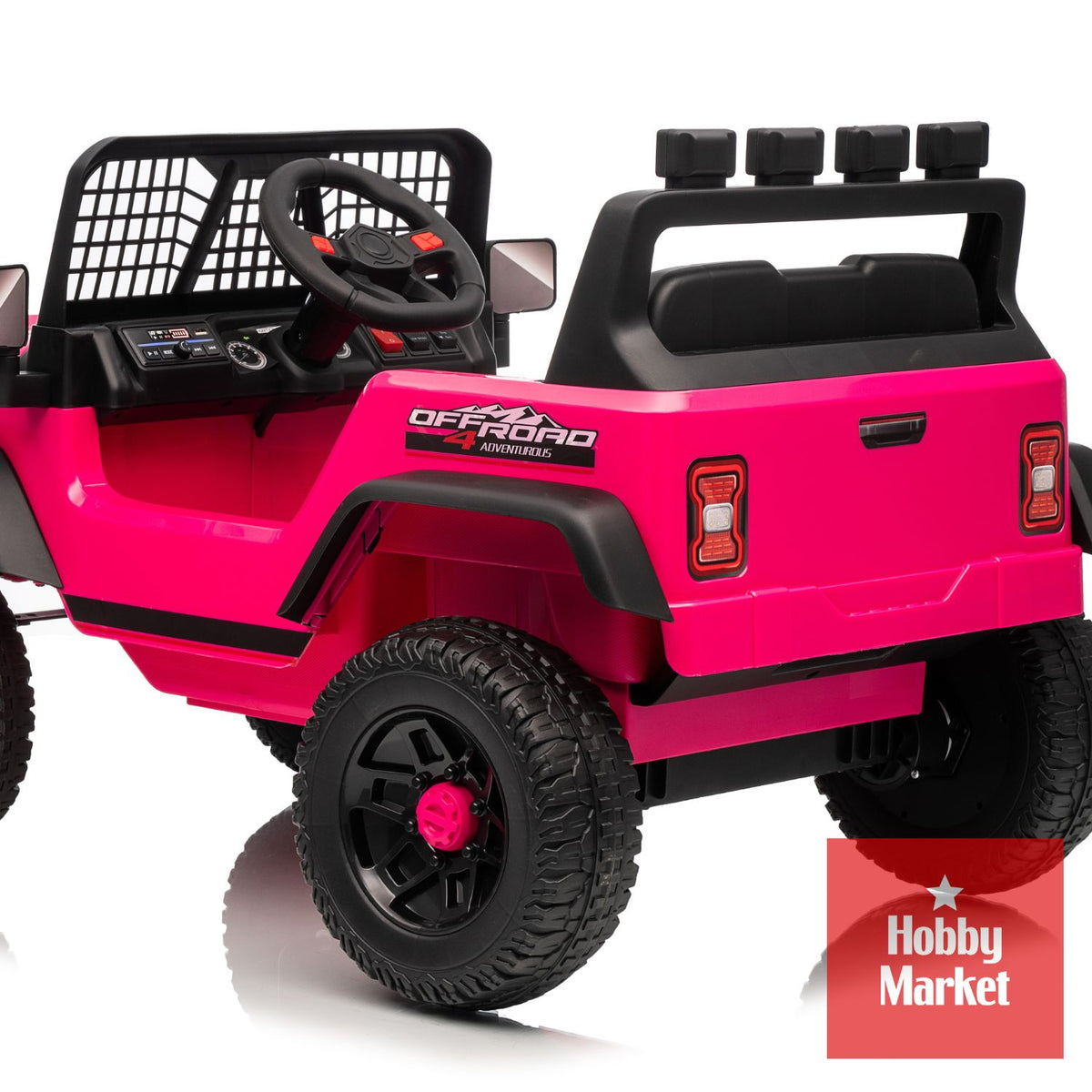 Jeep eléctrico infantil rosado de 12V con diseño off-road, ruedas robustas, volante y detalles realistas en color negro.