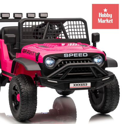 Jeep eléctrico infantil rosado de 12V con luces LED, defensa frontal robusta, rejilla de seguridad y ruedas todoterreno.