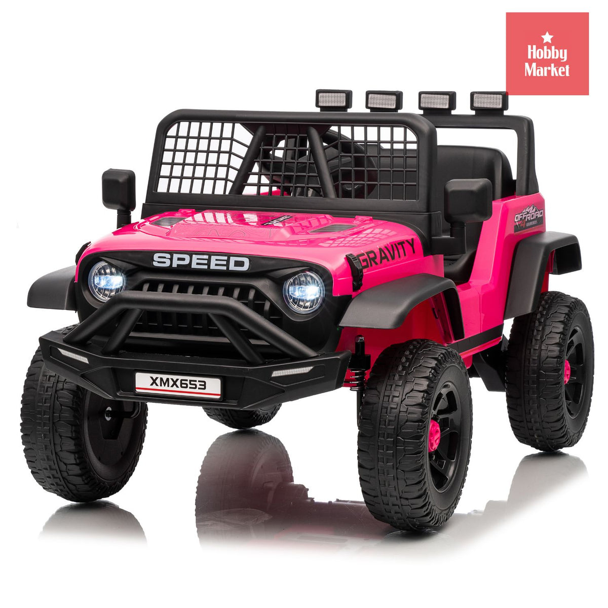 Jeep eléctrico infantil rosado de 12V con luces LED, diseño off-road, ruedas robustas y detalles realistas.