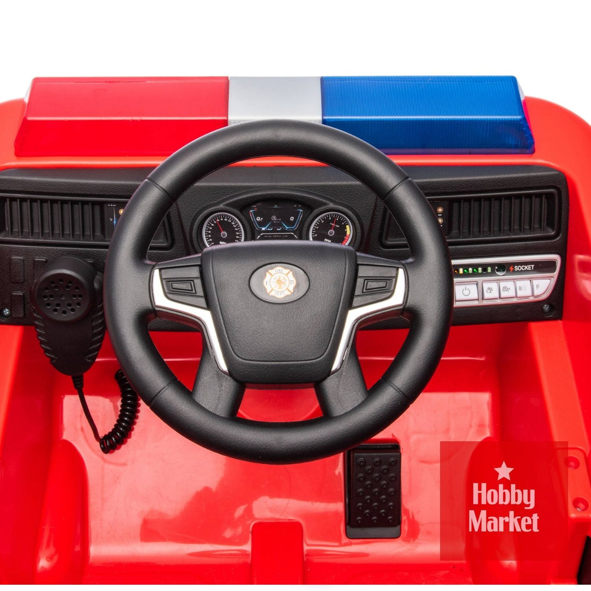 Tablero de camión de bomberos eléctrico infantil rojo con volante, luces de emergencia, radio y panel de control detallado.