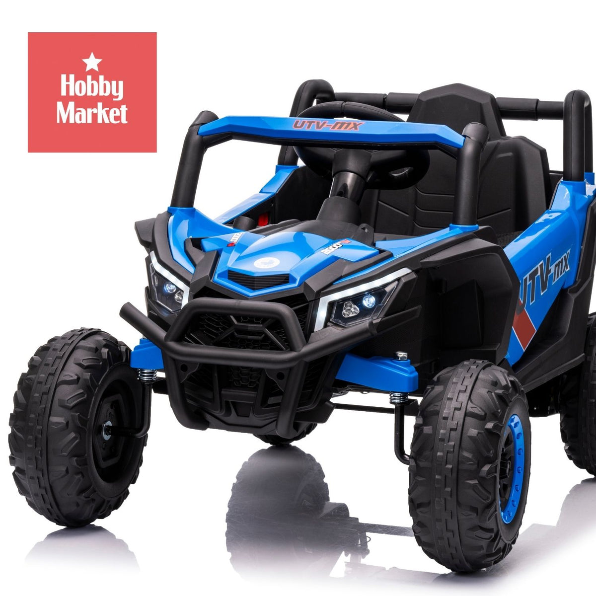 Buggy eléctrico infantil azul de 12V con diseño todoterreno, luces LED delanteras y ruedas de alto relieve.