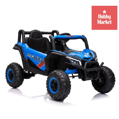 Buggy eléctrico infantil azul de 12V con diseño todoterreno, ruedas grandes, luces delanteras y estructura resistente.