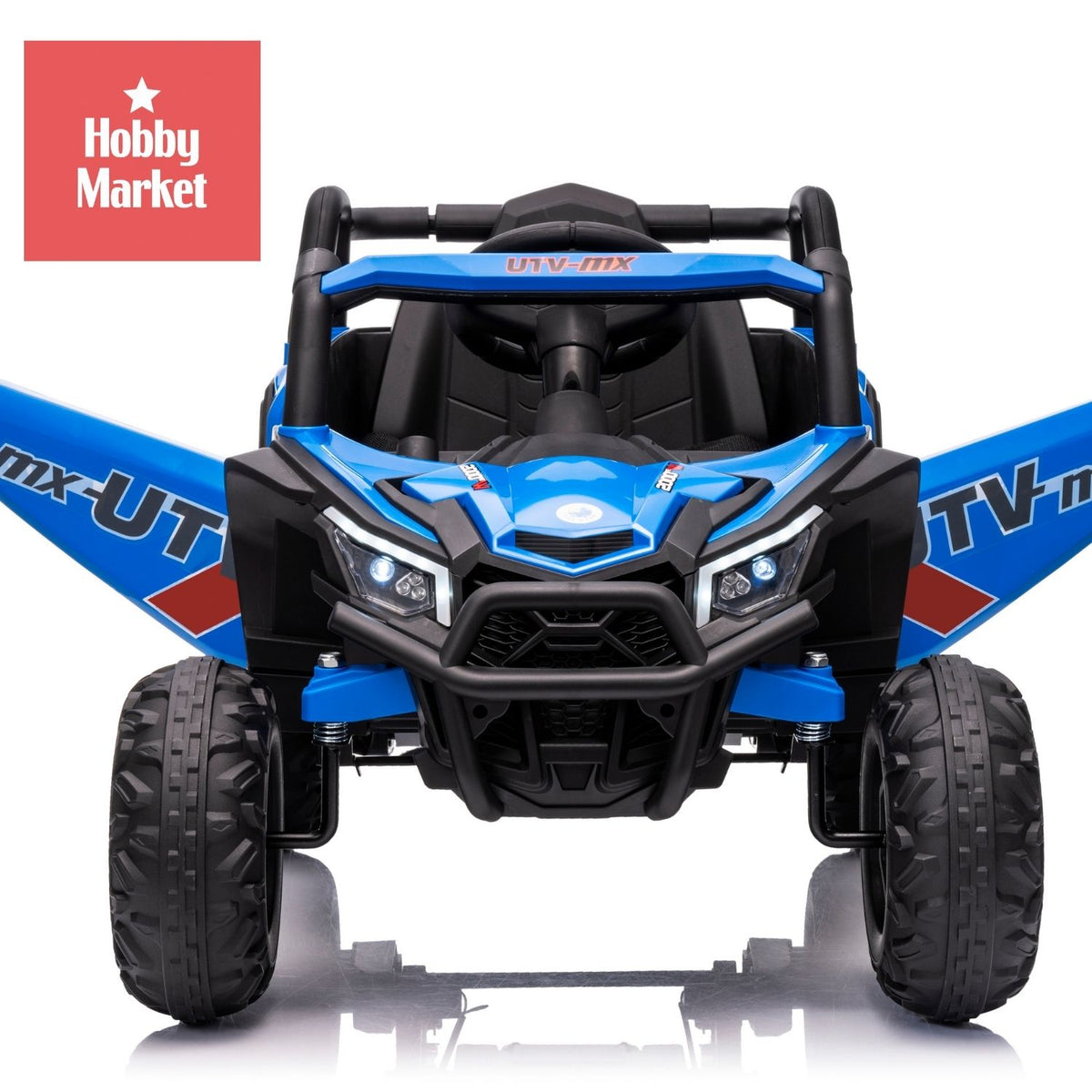 Buggy eléctrico infantil azul estilo UTV con puertas abiertas, luces LED delanteras y ruedas todoterreno resistentes.
