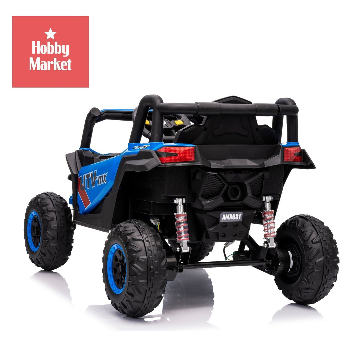 Buggy eléctrico infantil azul de 12V con diseño todoterreno, ruedas grandes, amortiguadores visibles y luces traseras.