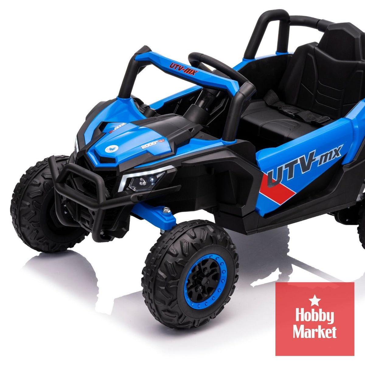 Buggy eléctrico infantil azul de 12V con diseño todoterreno, luces LED, ruedas de alto relieve y estructura resistente.