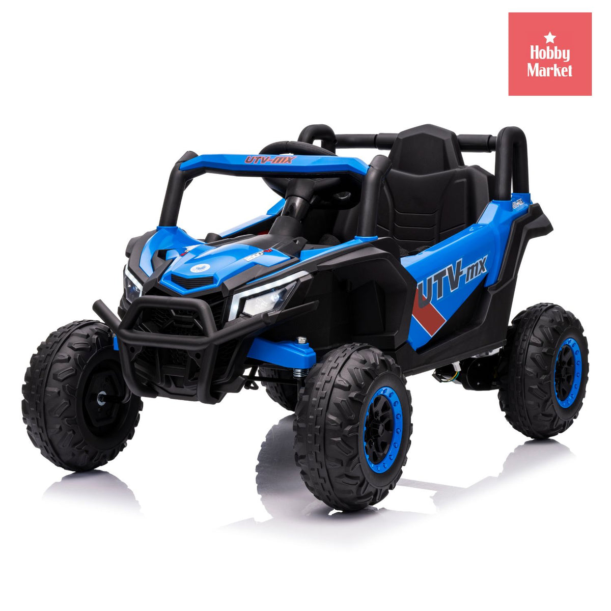 Buggy eléctrico infantil azul de 12V con diseño todoterreno, ruedas grandes, luces delanteras y estructura resistente.