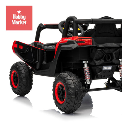 Buggy eléctrico infantil rojo de 12V con diseño todoterreno, puertas practicables, ruedas grandes y amortiguación visible.