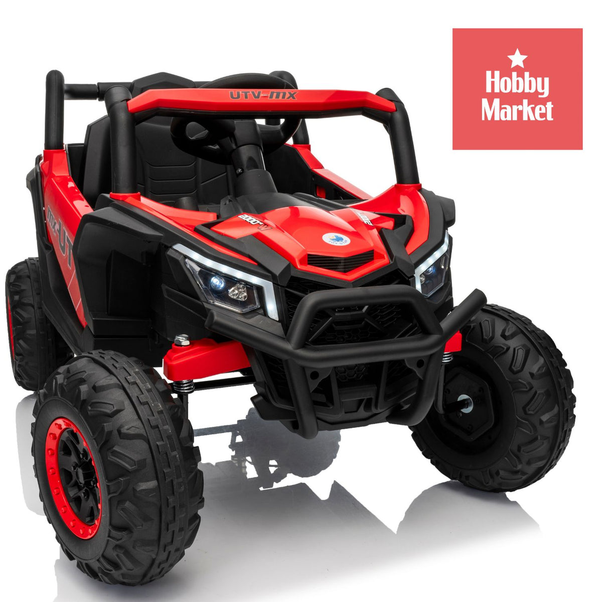 Buggy eléctrico infantil rojo de 12V con diseño todoterreno, luces LED delanteras y ruedas de gran tamaño.