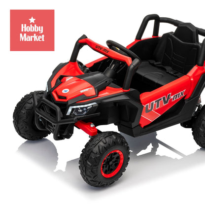 Buggy eléctrico infantil rojo de 12V con diseño todoterreno, ruedas robustas, luces delanteras y puertas practicables.