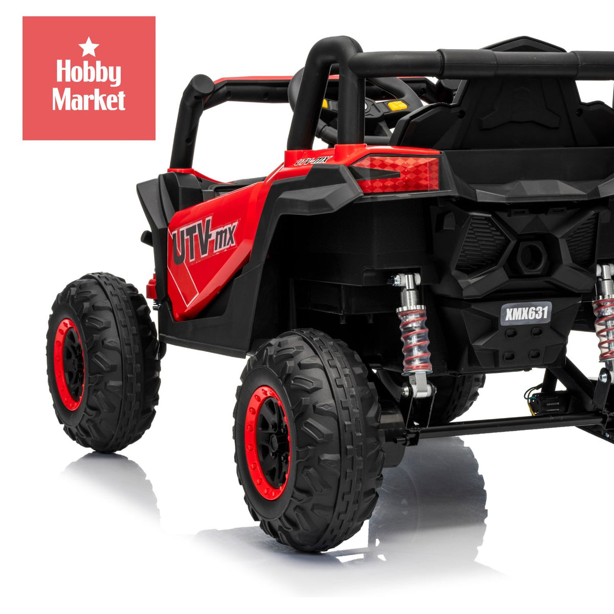 Buggy eléctrico infantil rojo 12V con diseño todoterreno, ruedas grandes, suspensión trasera y detalles en negro.