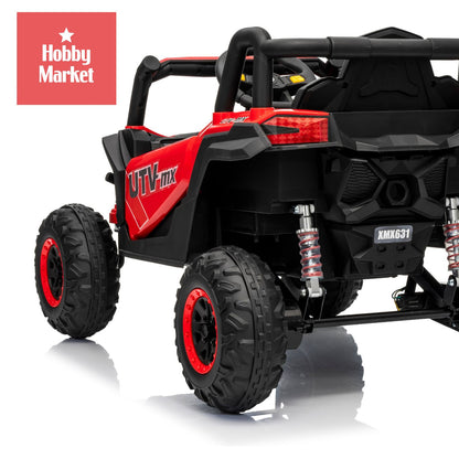 Buggy eléctrico infantil rojo 12V con diseño todoterreno, ruedas grandes, suspensión trasera y detalles en negro.