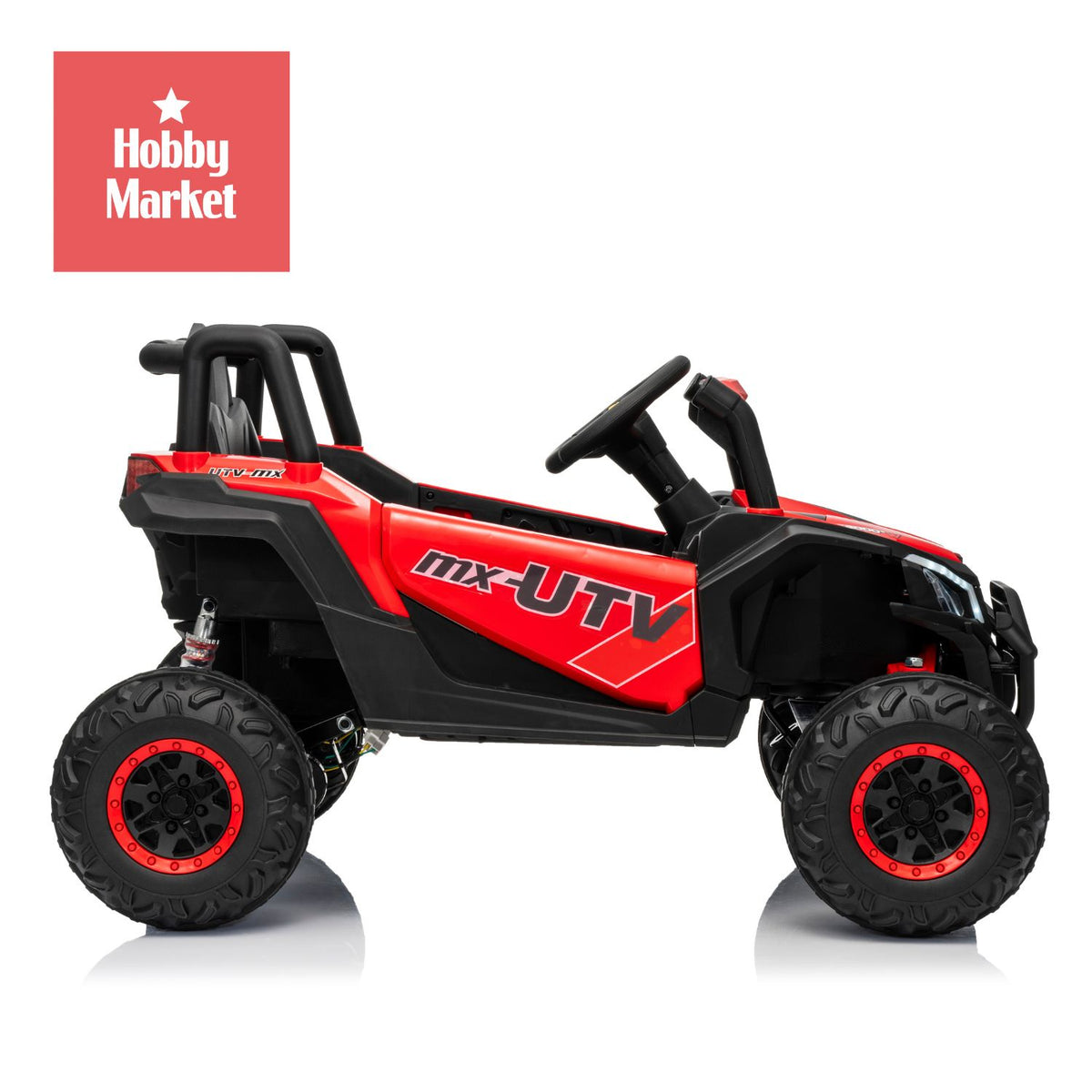Buggy eléctrico infantil rojo de 12V con diseño UTV todoterreno, ruedas grandes y estructura con barra antivuelco.