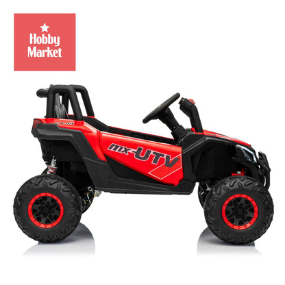 Buggy eléctrico infantil rojo de 12V con diseño UTV todoterreno, ruedas grandes y estructura con barra antivuelco.