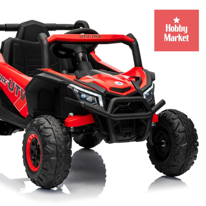 Buggy eléctrico infantil rojo de 12V con diseño UTV todoterreno, luces delanteras y ruedas de alto relieve.