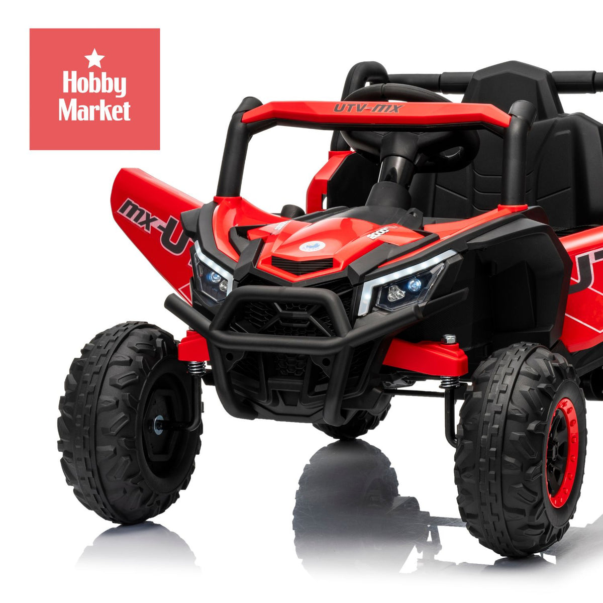 Buggy eléctrico infantil rojo estilo UTV con luces LED, ruedas todoterreno y diseño deportivo de Hobby Market.
