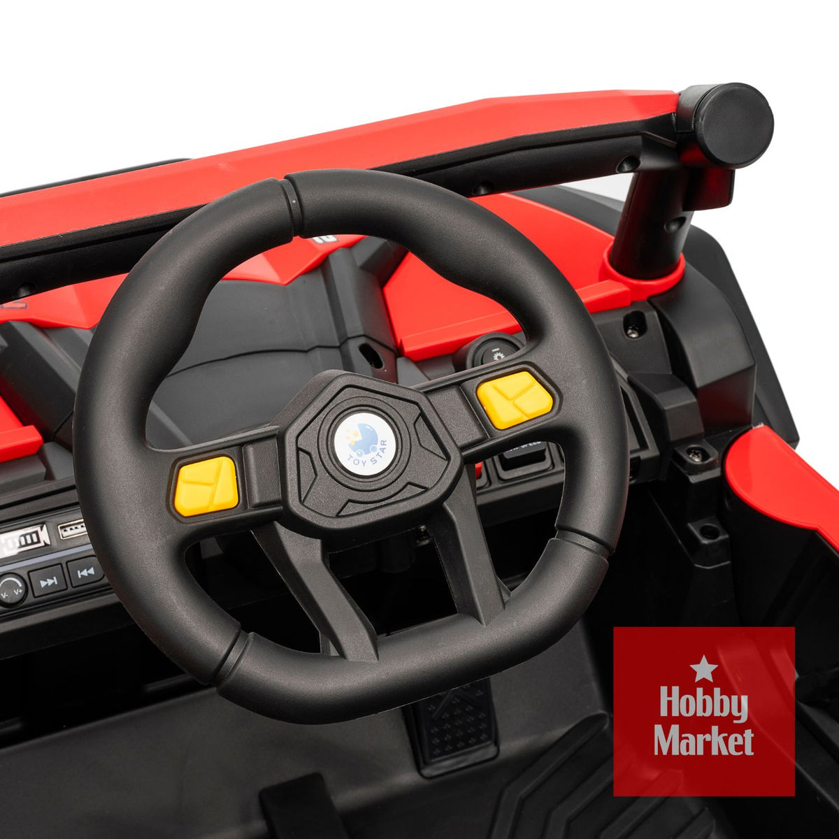 Volante negro de buggy eléctrico infantil rojo con botones amarillos y panel de control multimedia integrado.